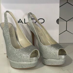 Aldo Silver Glitter Peep-Toe Slingback Platform Heels